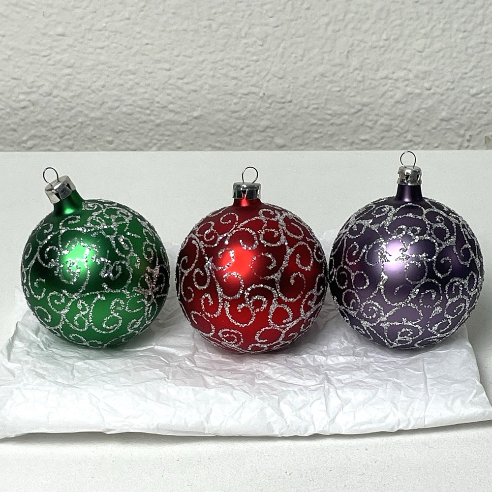 3 Vintage Christmas Ornament Glass Silver Glitter Set 3 Red Green Purple 2.25"